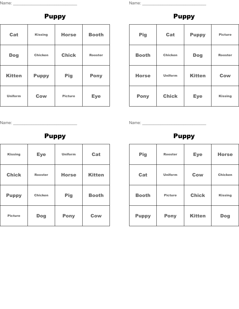 Puppy Bingo Cards