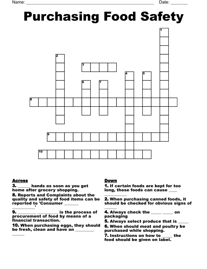 Purchasing Food Safety  Crossword