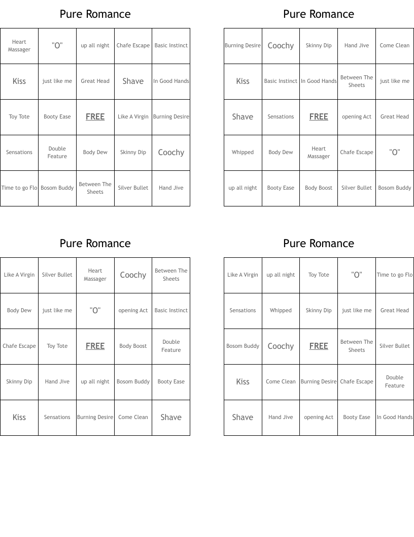 Pure Romance Bingo Cards