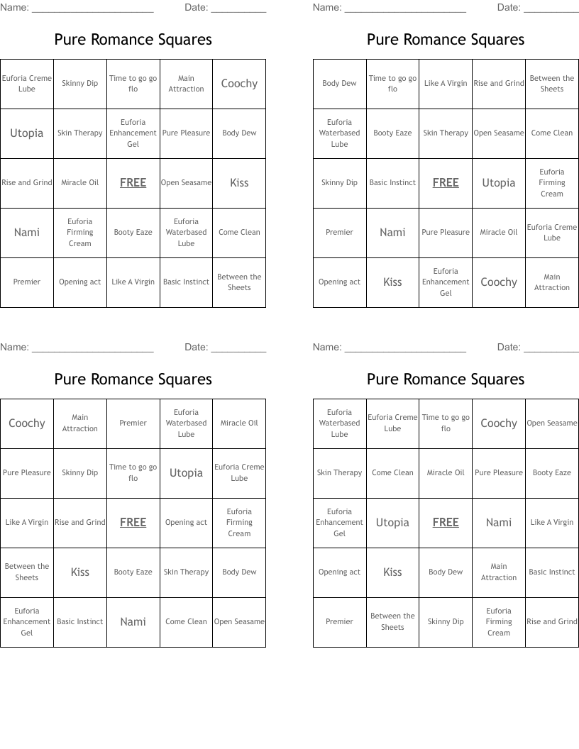 Pure Romance Squares Bingo Cards