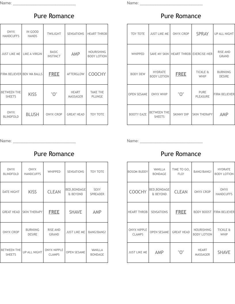 Pure Romance  Bingo Cards