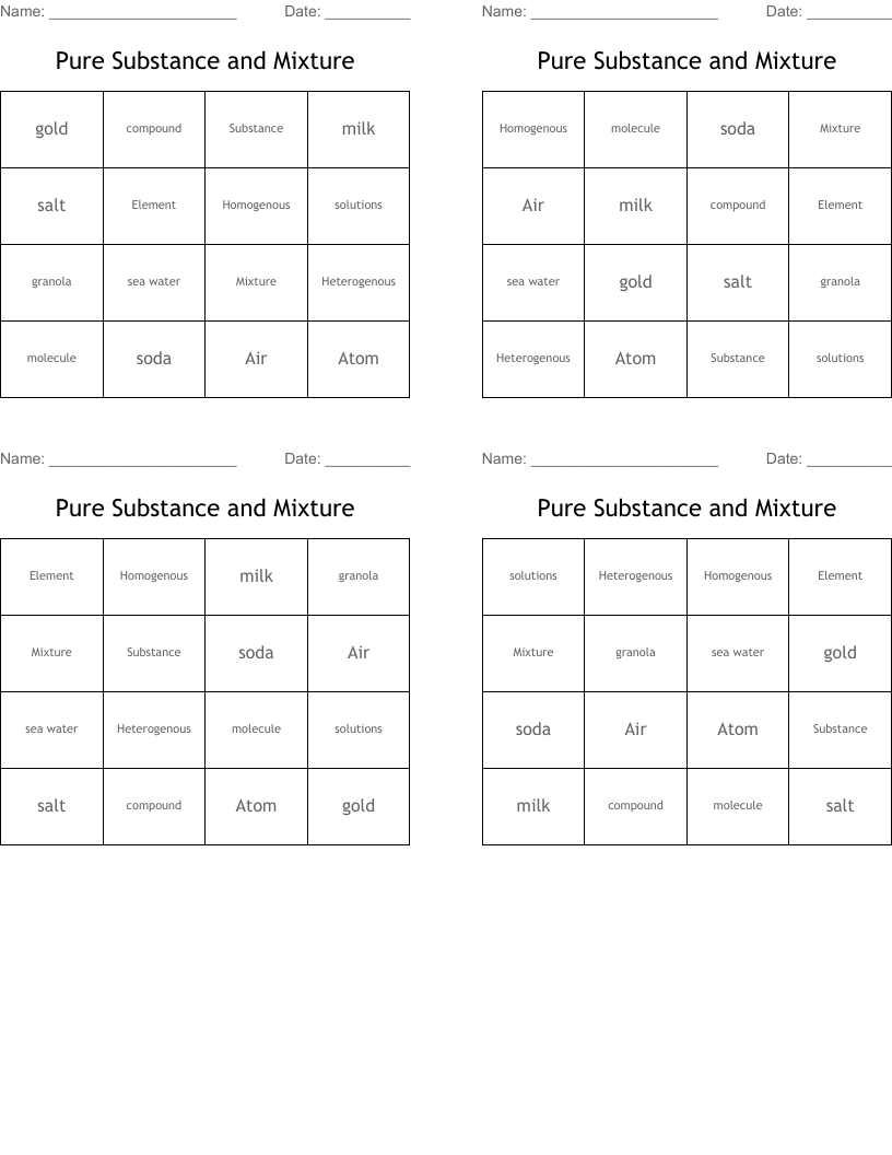 Pure Substance and Mixture Bingo Cards