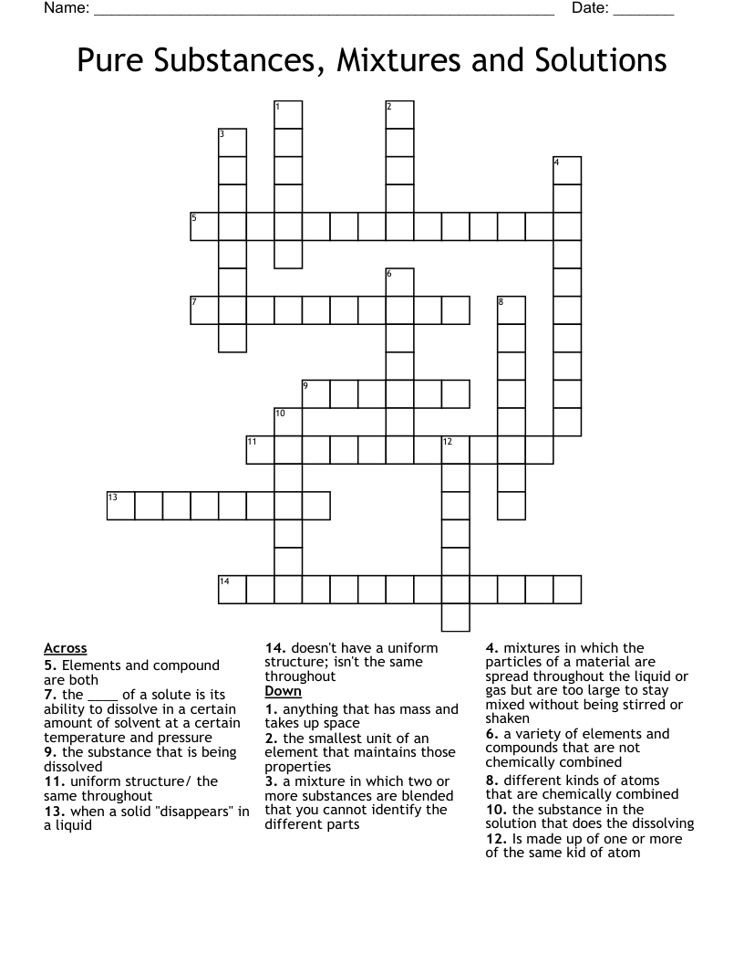 Pure Substances, Mixtures and Solutions Crossword