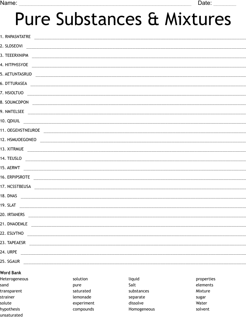 Pure Substances & Mixtures Word Scramble