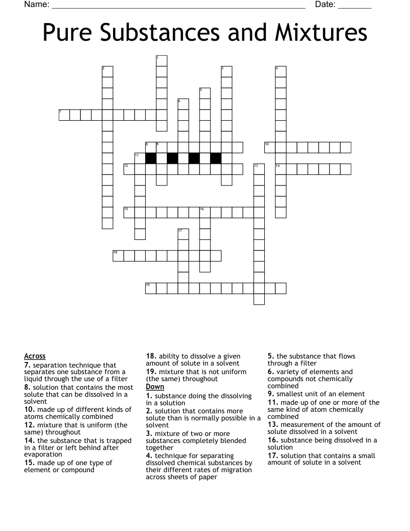 Pure Substances and Mixtures Crossword
