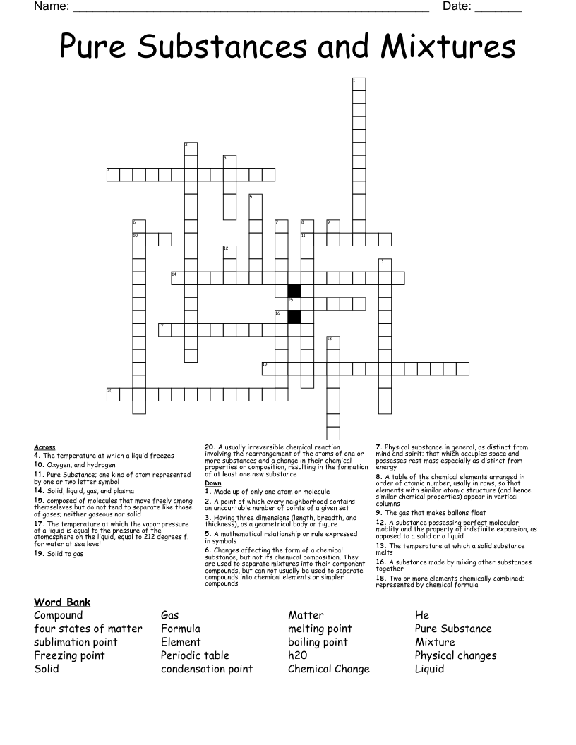 Pure Substances and Mixtures Crossword