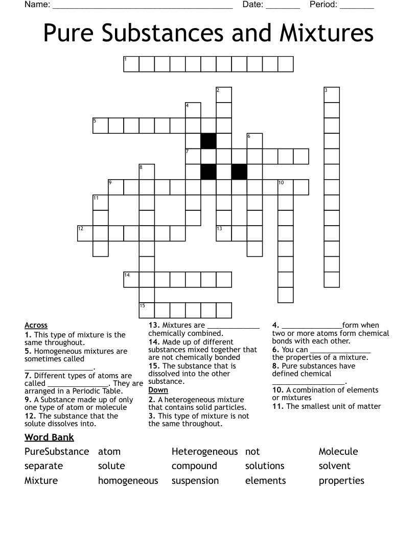 Pure Substances and Mixtures Crossword