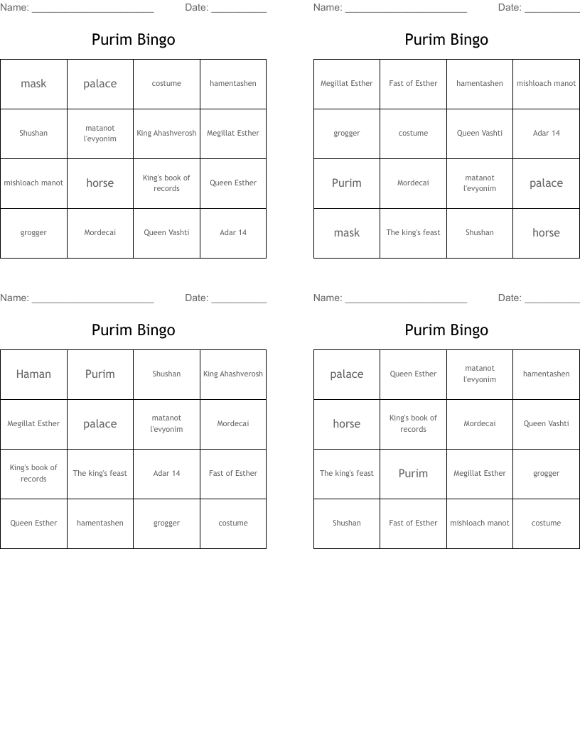 Purim Bingo