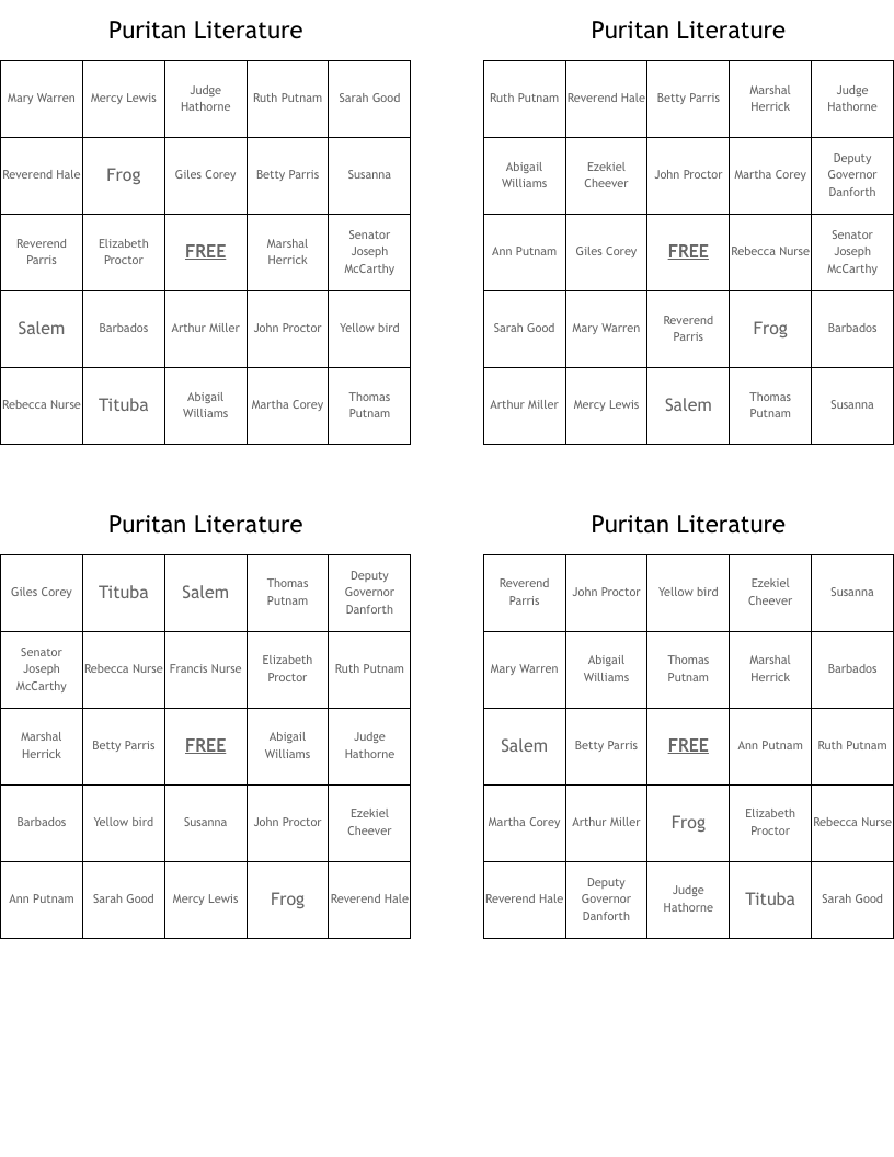 Puritan Literature Bingo Cards