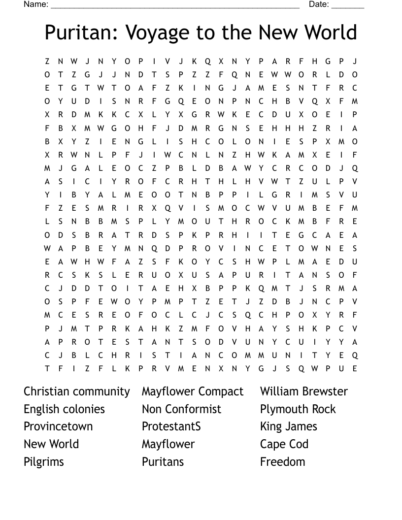 Puritan: Voyage to the New World  Word Search