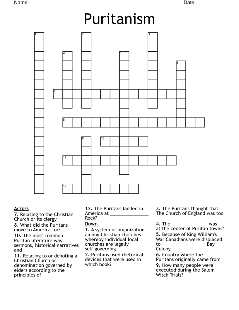 Puritanism Crossword