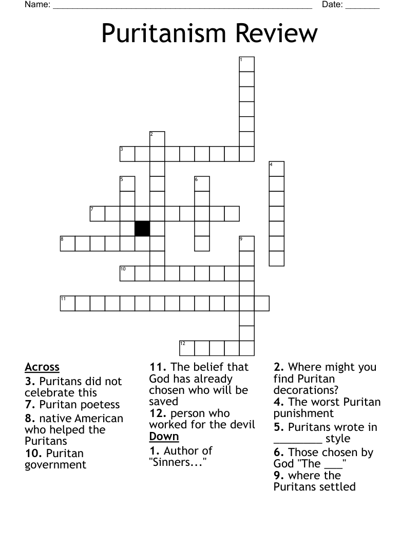 Puritanism Review Crossword