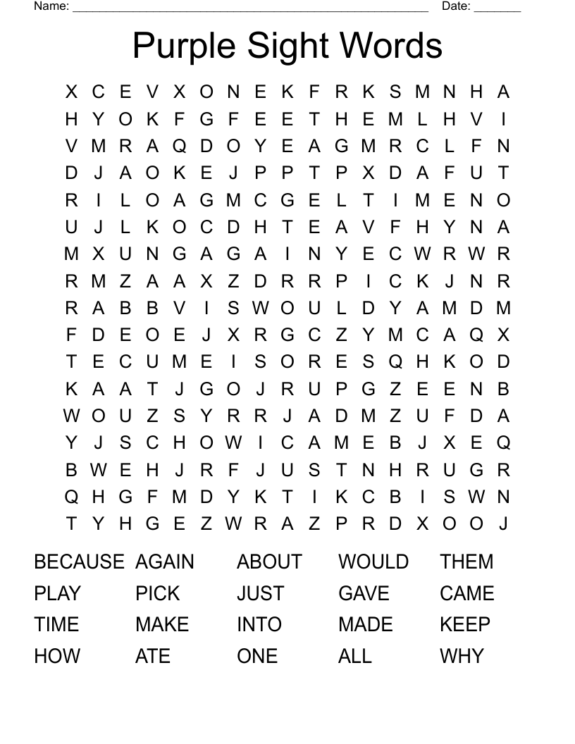 Purple Sight Words Word Search