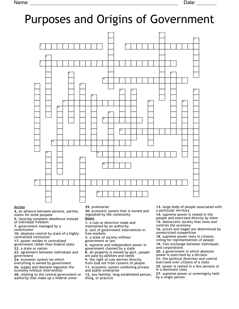 Purposes and Origins of Government Crossword