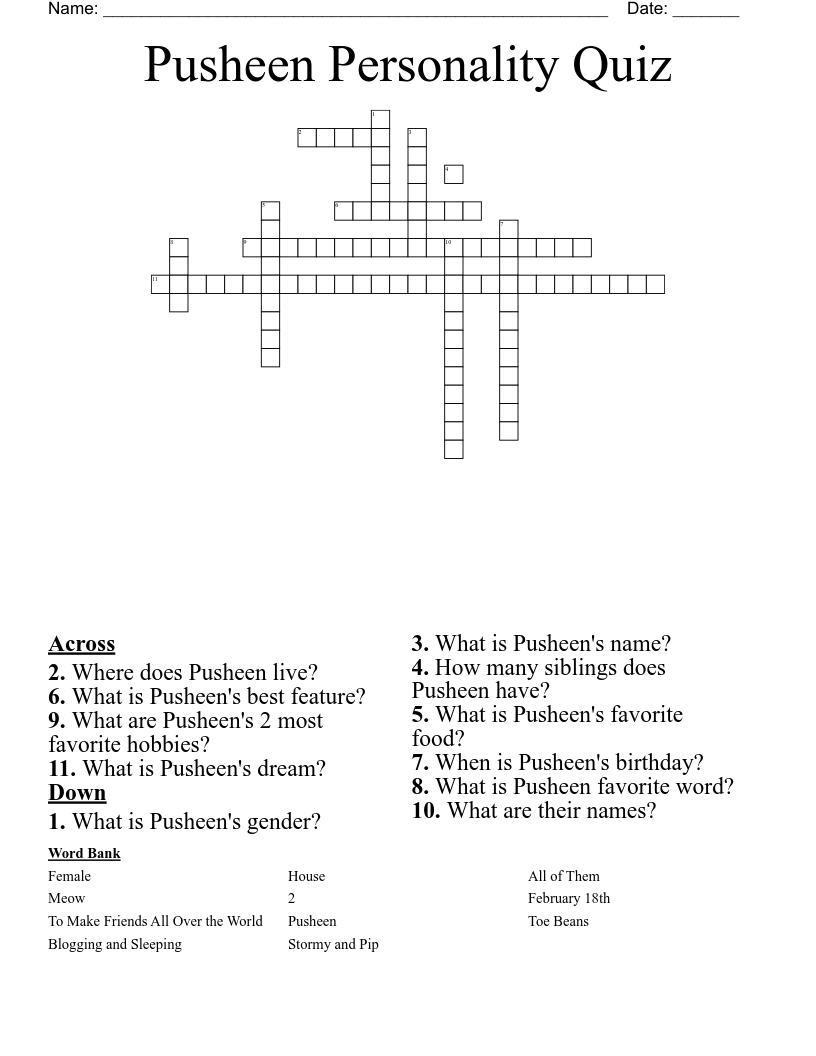 Pusheen Personality Quiz Crossword