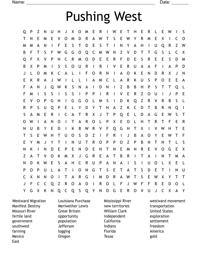 Pushing West Word Search