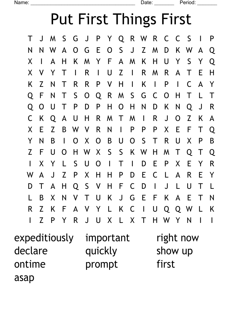 Put First Things First Word Search