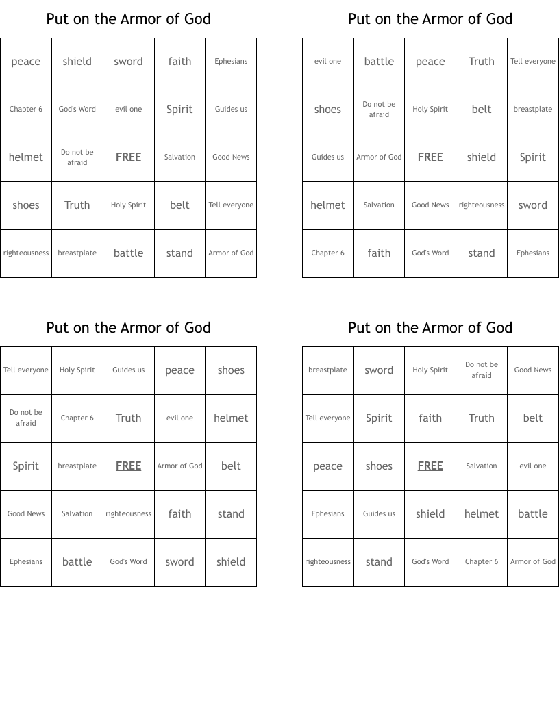 Put on the Armor of God Bingo Cards