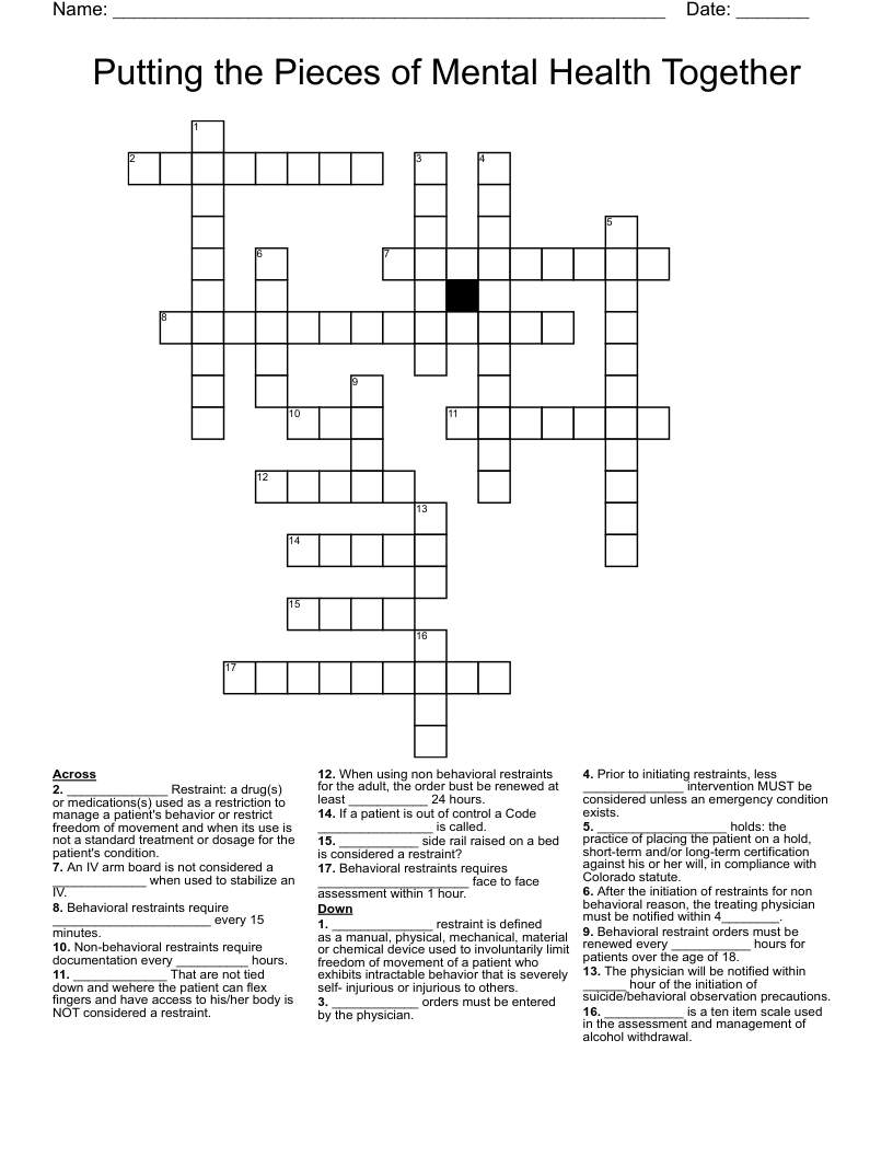 Putting the Pieces of Mental Health Together Crossword