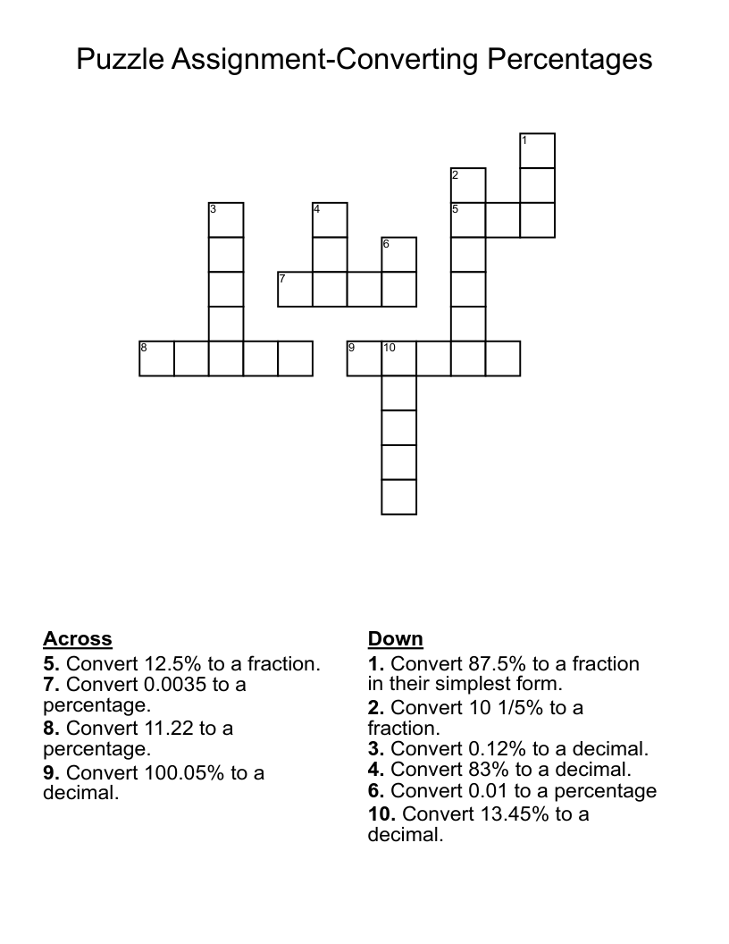 Puzzle Assignment-Converting Percentages Crossword