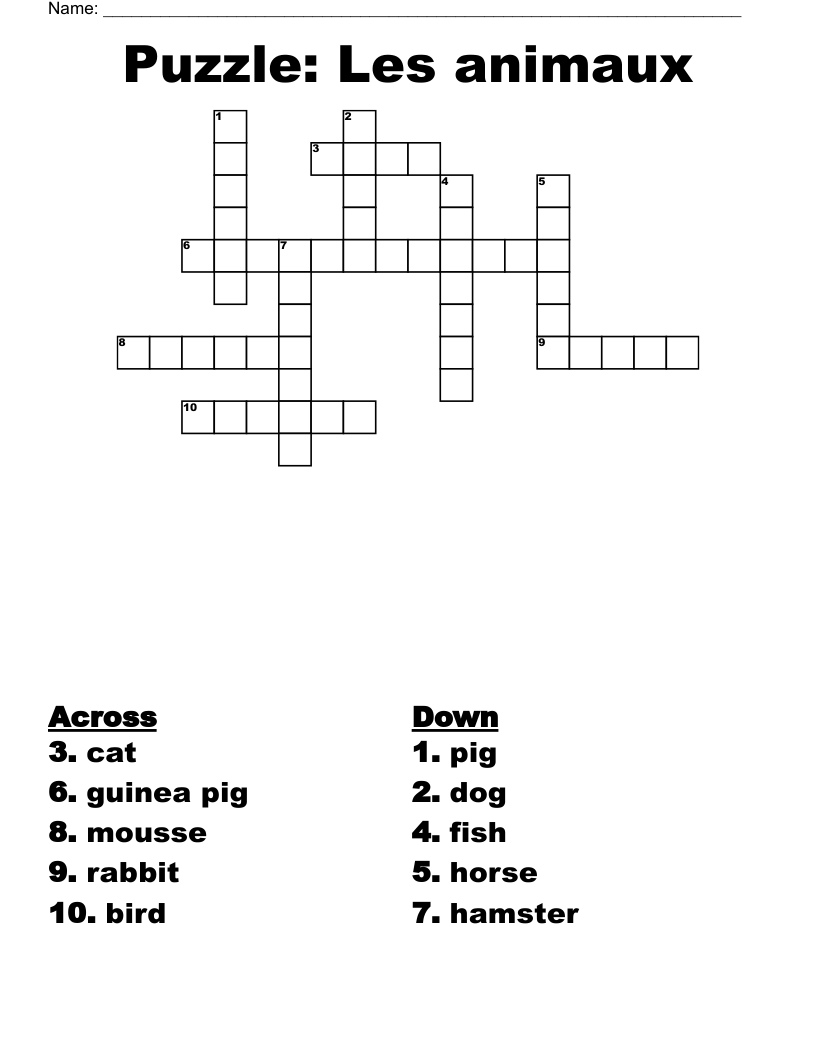 Puzzle: Les animaux Crossword