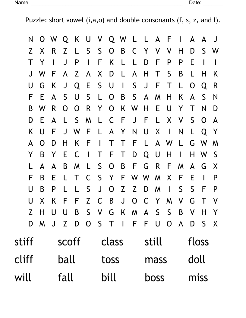 Puzzle: short vowel (i,a,o) and double consonants (f, s, z, and l). Word Search