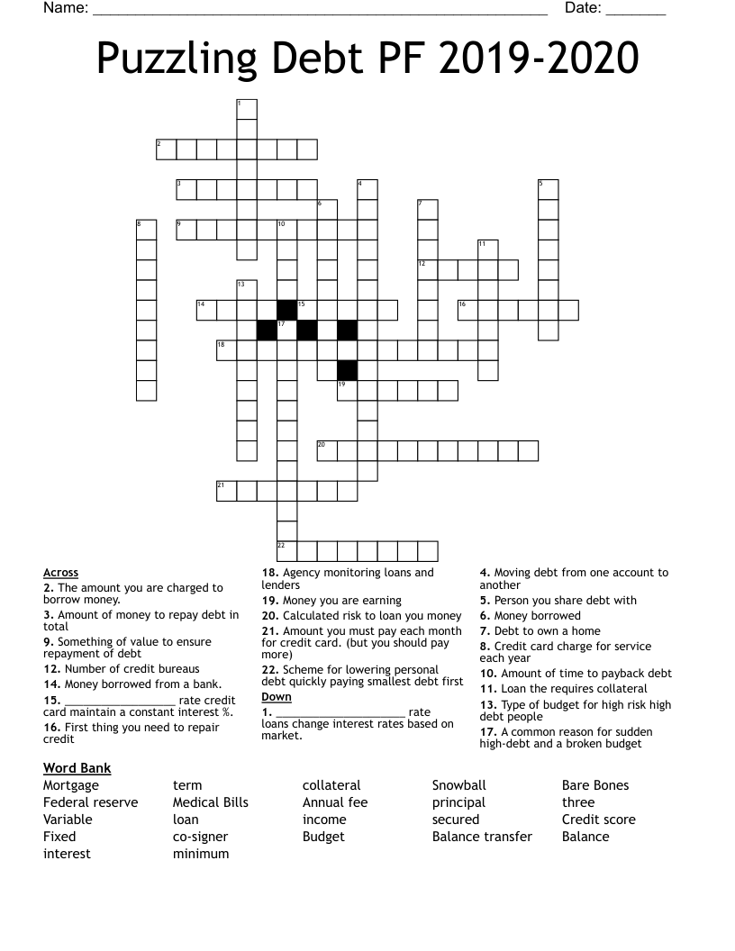 Puzzling Debt    PF 2019-2020 Crossword