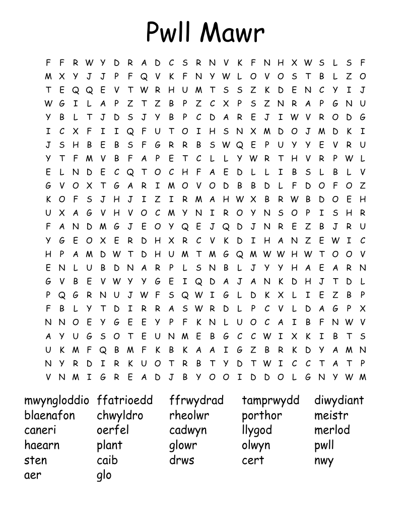 Pwll Mawr Word Search
