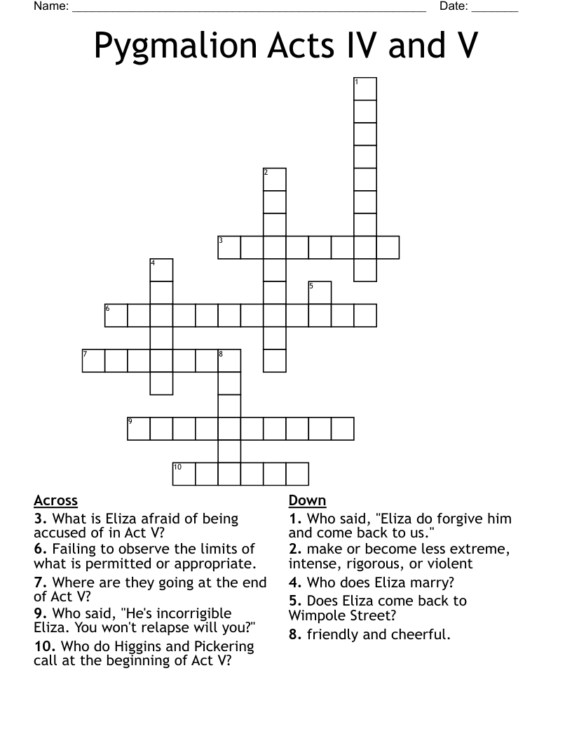Pygmalion Acts IV and V Crossword