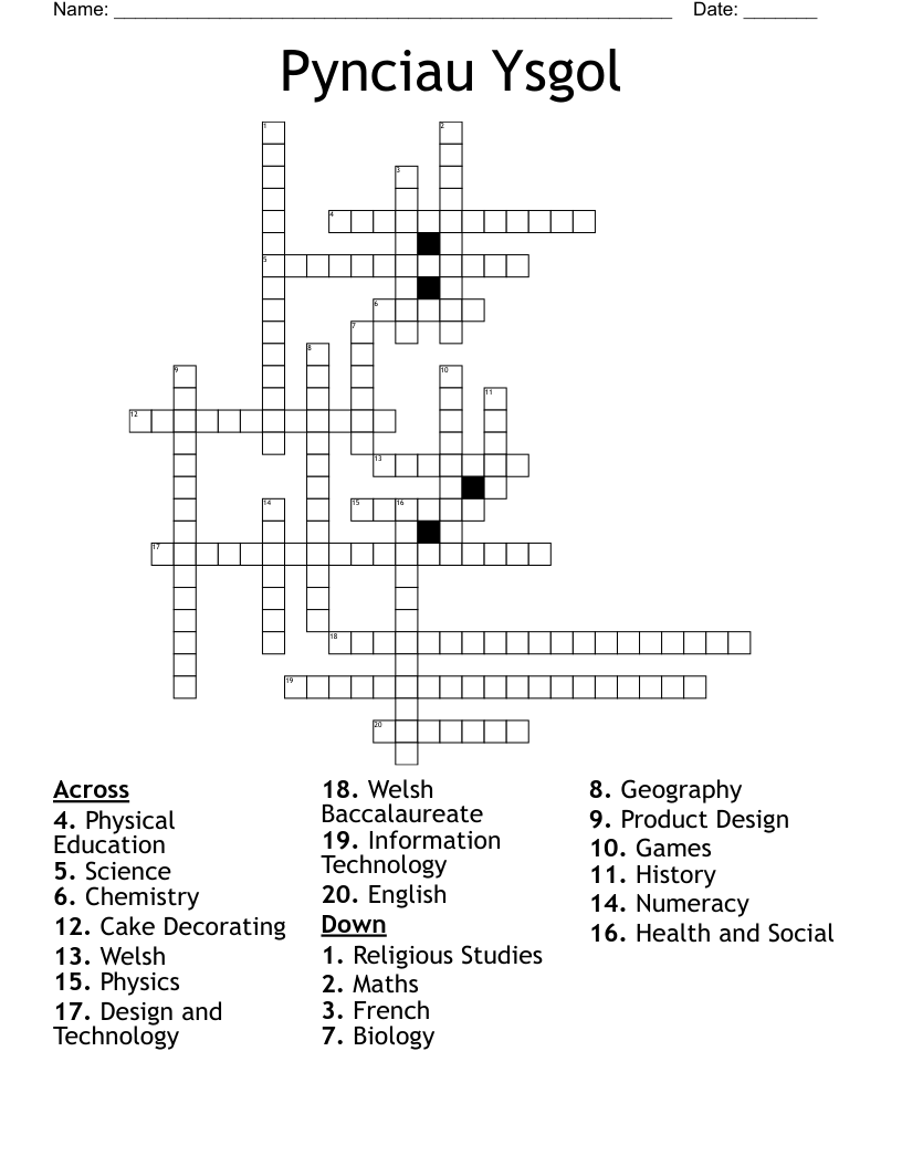 Pynciau Ysgol Crossword