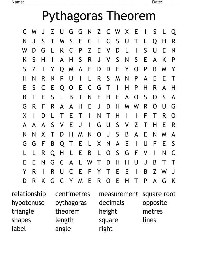Pythagoras Theorem Word Search