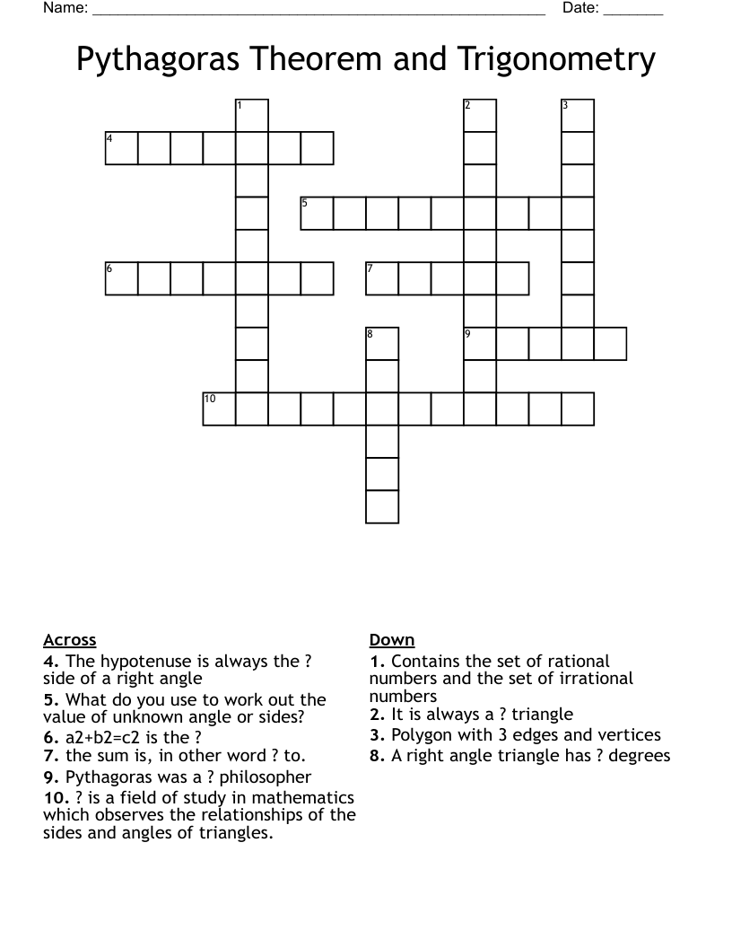 Pythagoras Theorem and Trigonometry Crossword