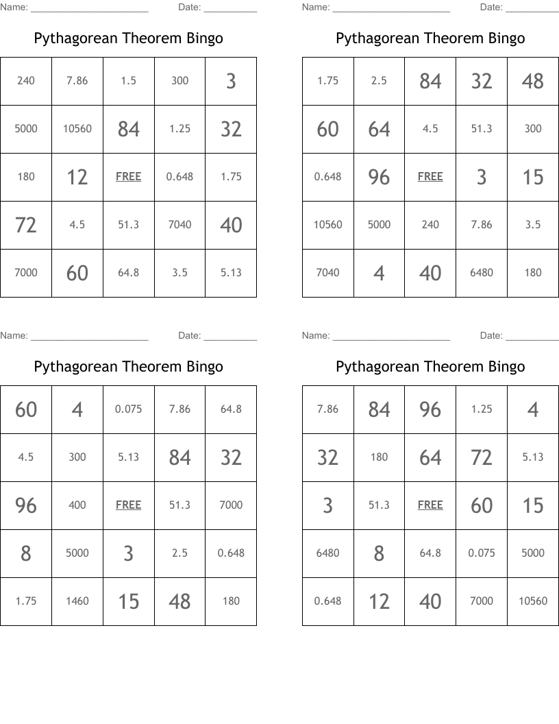 Pythagorean Theorem Bingo