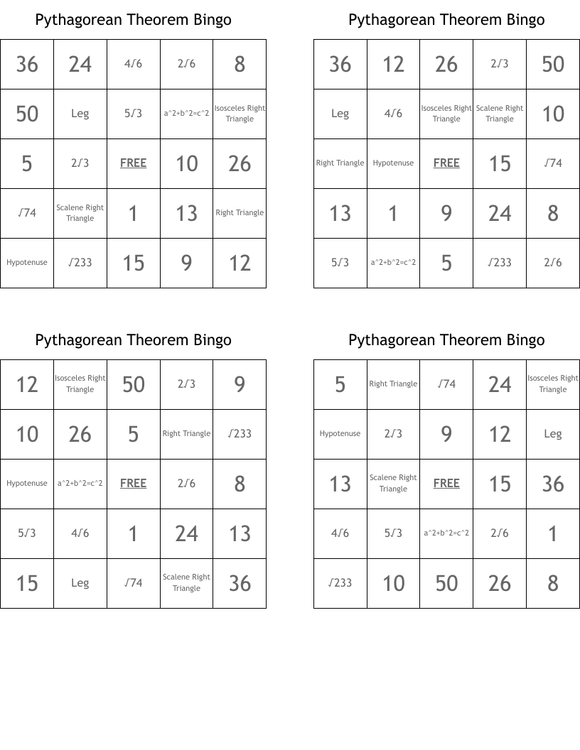 Pythagorean Theorem Bingo 