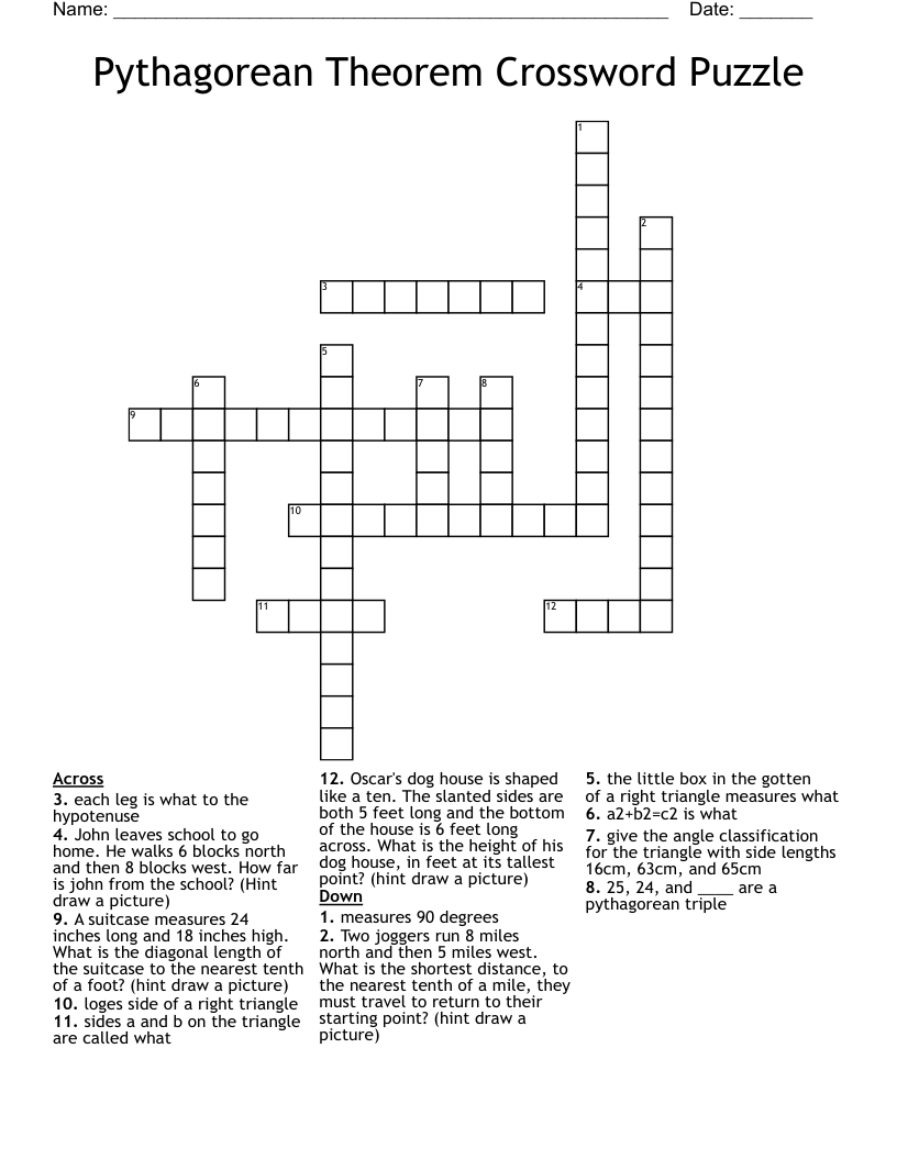 Pythagorean Theorem Crossword Puzzle