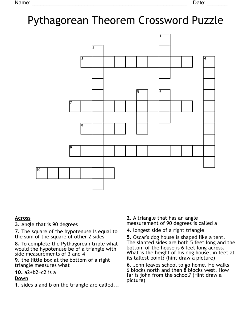 Pythagorean Theorem Crossword Puzzle 