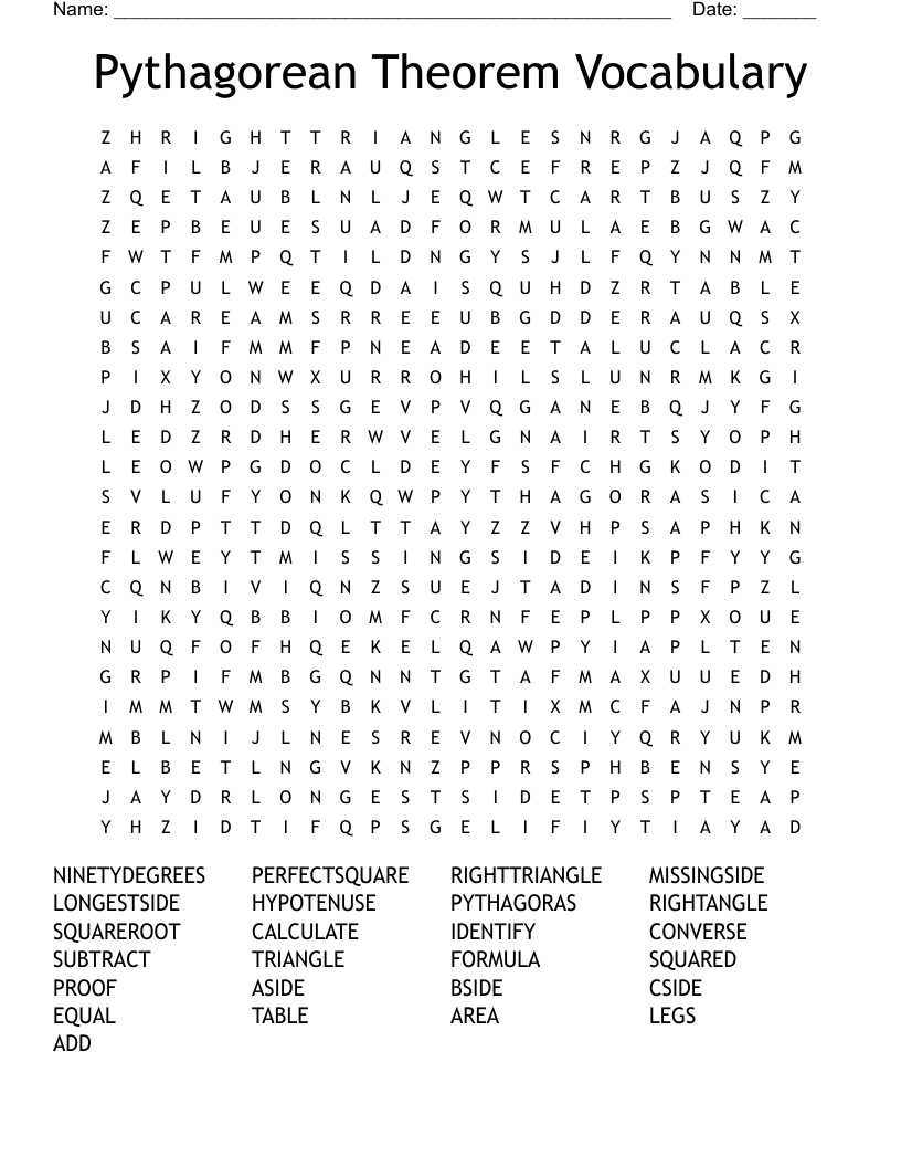 Pythagorean Theorem Vocabulary Word Search