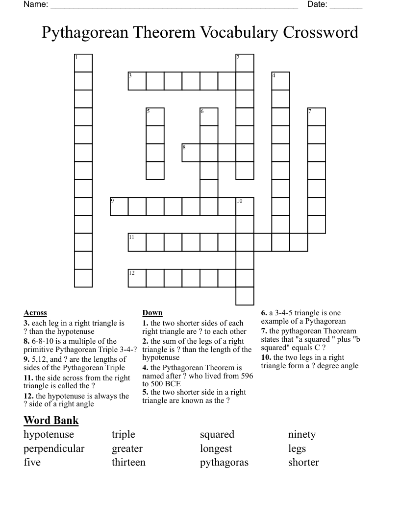 Pythagorean Theorem Vocabulary Crossword