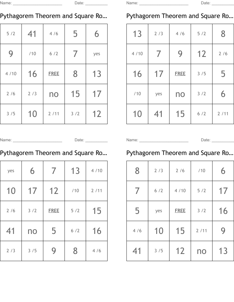 Pythagorem Theorem and Square Roots Bingo Cards