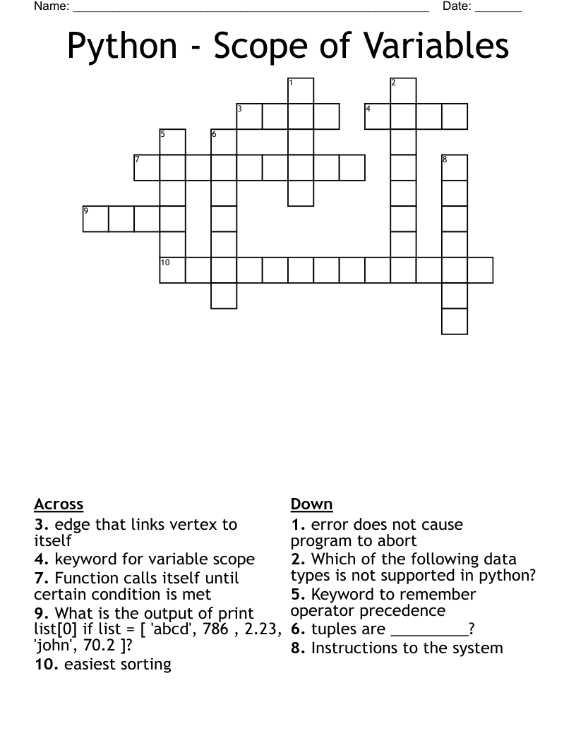 Python - Scope of Variables Crossword