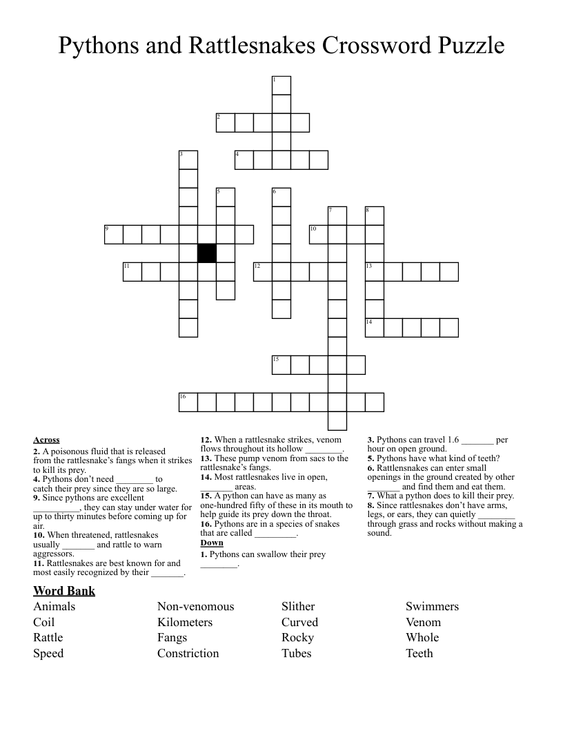 Pythons and Rattlesnakes Crossword Puzzle