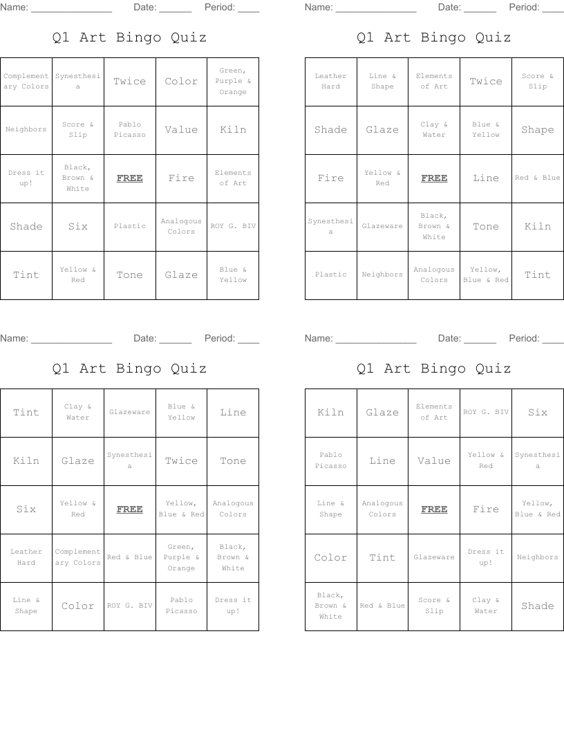Q1 Art Bingo Quiz