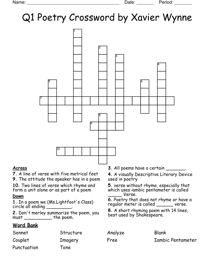 Q1 Poetry Crossword by Xavier Wynne