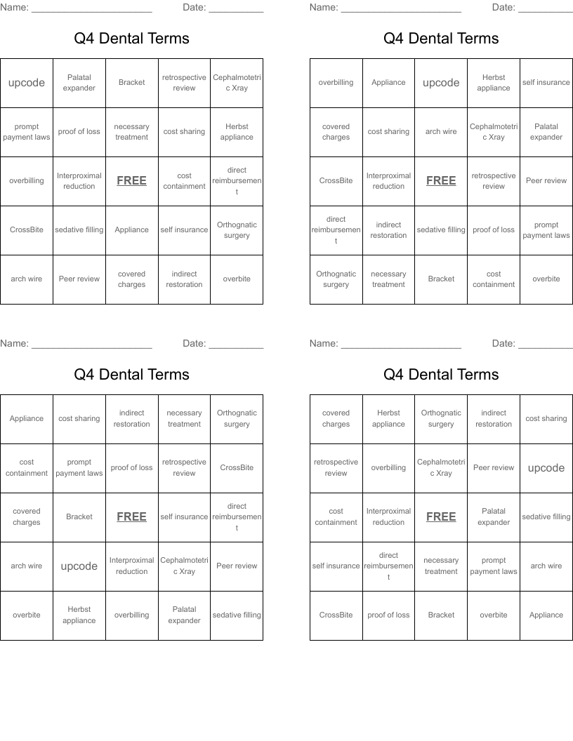 Q4 Dental Terms Bingo Cards