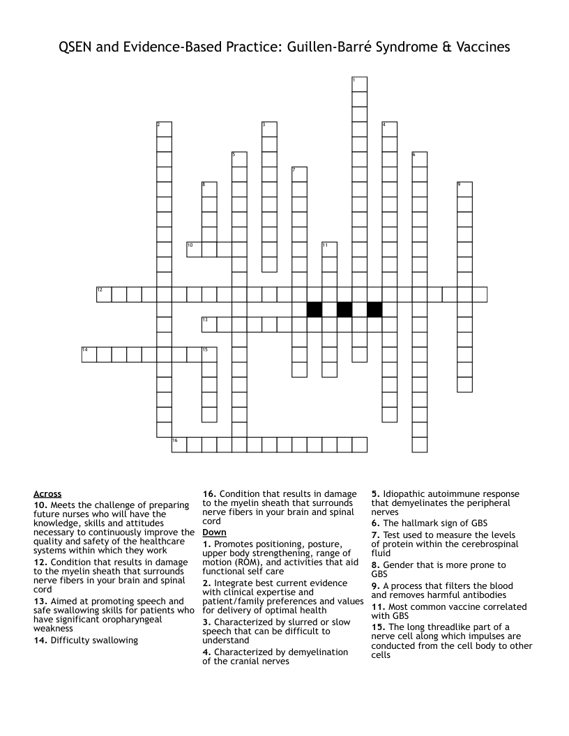 QSEN and Evidence-Based Practice: Guillen-Barré Syndrome & Vaccines Crossword