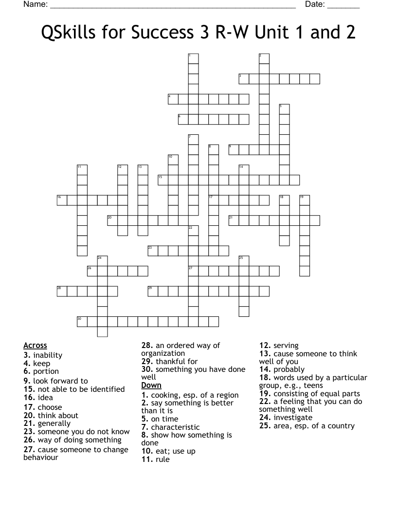 QSkills for Success 3 R-W Unit 1 and 2 Crossword
