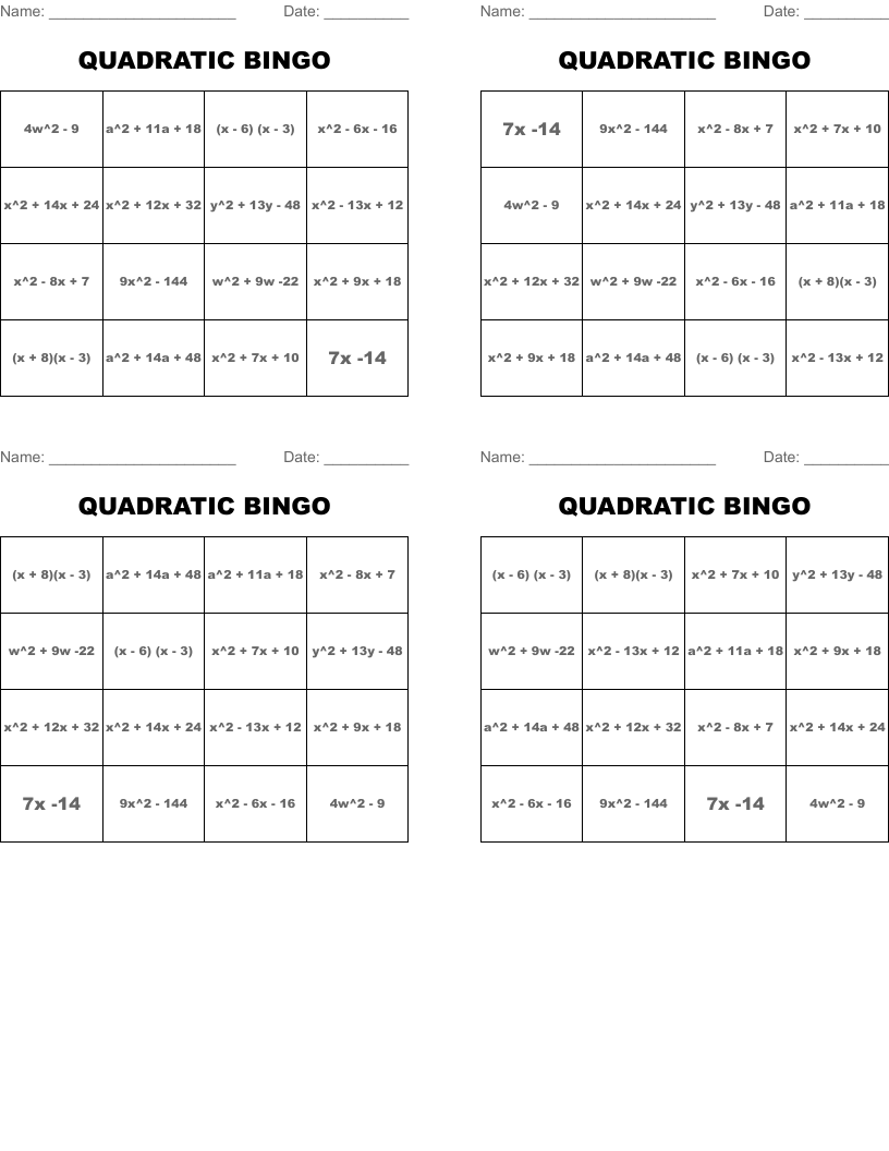 QUADRATIC BINGO