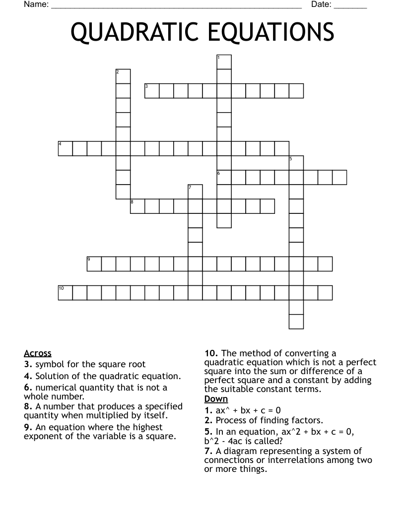 QUADRATIC EQUATIONS Crossword