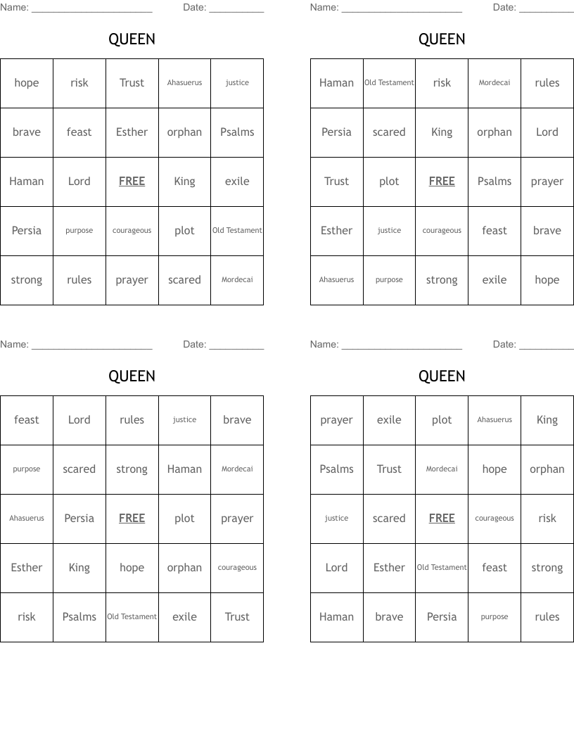 QUEEN Bingo Cards