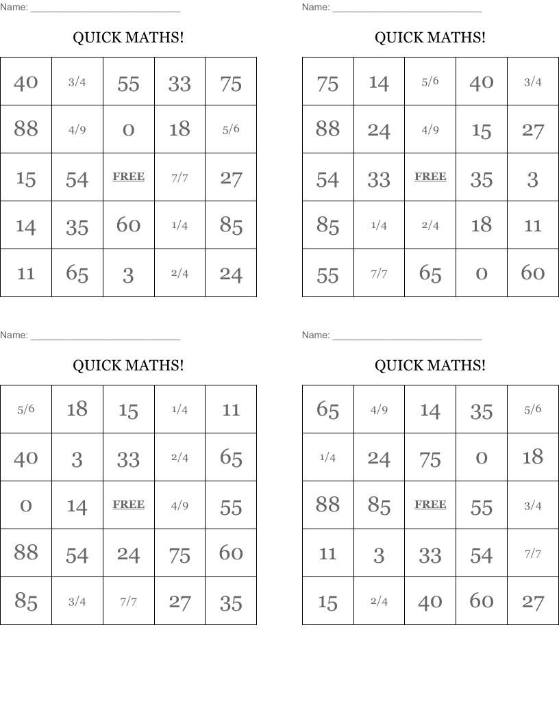 QUICK MATHS! Bingo Cards